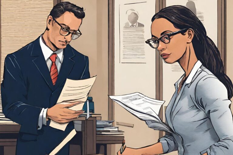 lawyer stamps a document and one woman watches him